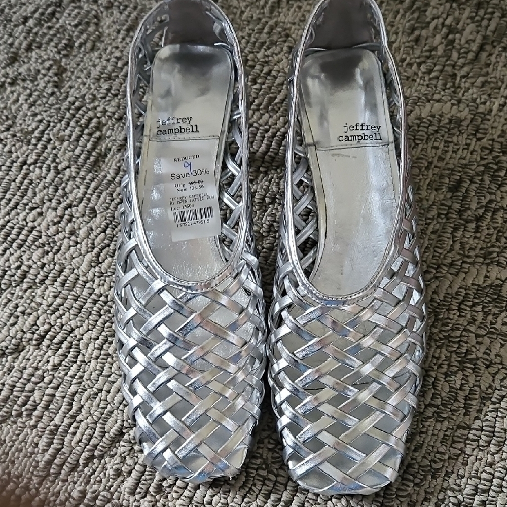 Jeffrey Campbell Silver Woven Loafers with Modern Square Toe